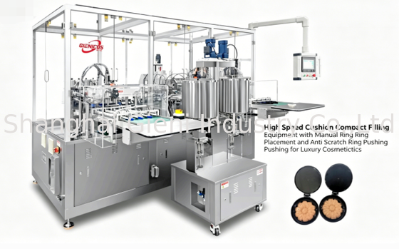 High Speed Cushion Compact Filling Equipment met handmatige ringplaatsing en anti-krasring voor luxe cosmetica