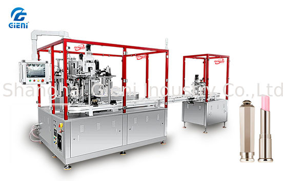 Lineaire 12-stans mascara vulmachine met servo-kap. 84 stuks per minuut.